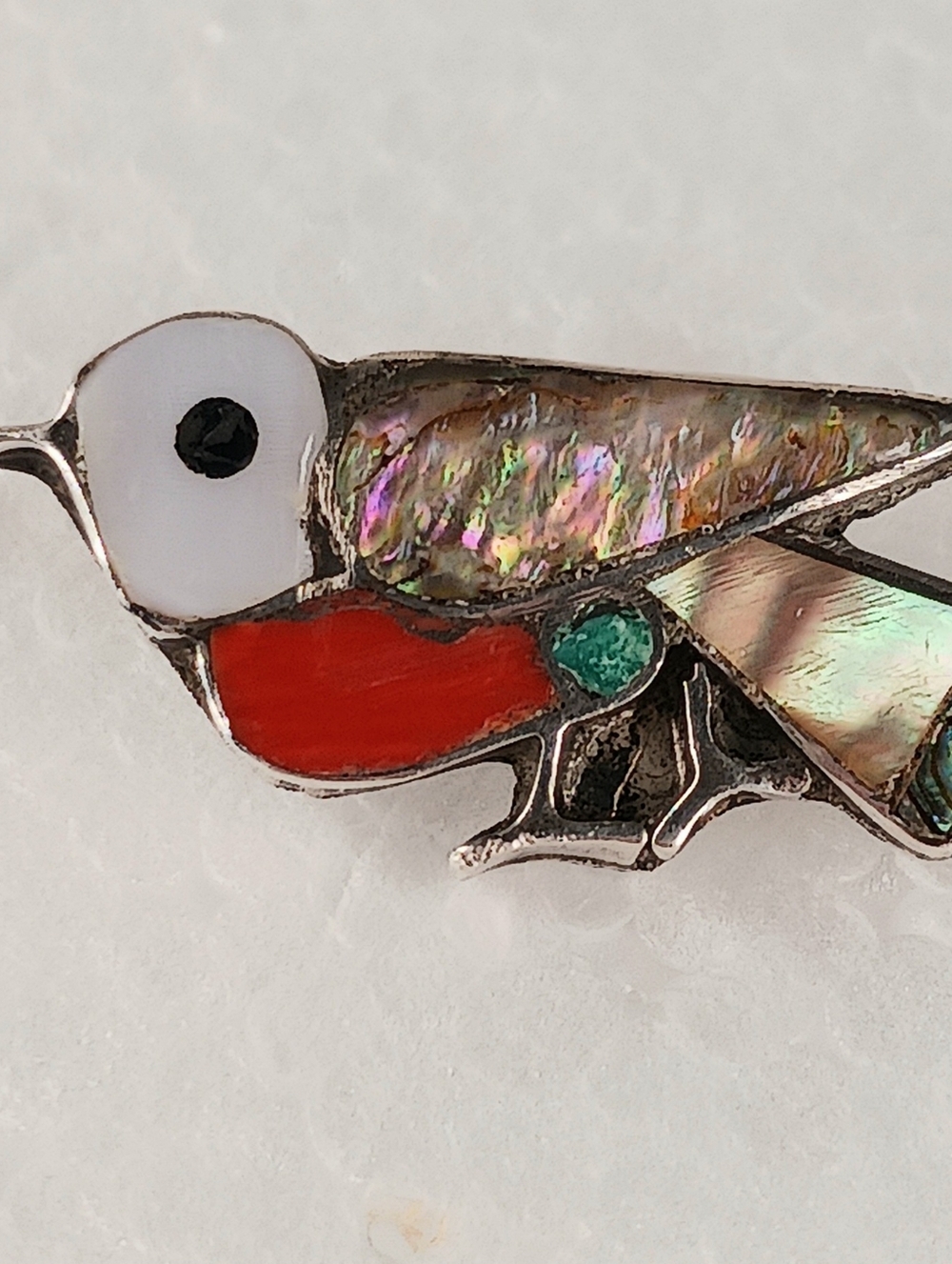 Brooch Pin Tie Tack Vintage Zuni Turquoise Coral Onyx MOP Sterling Spirit Bird